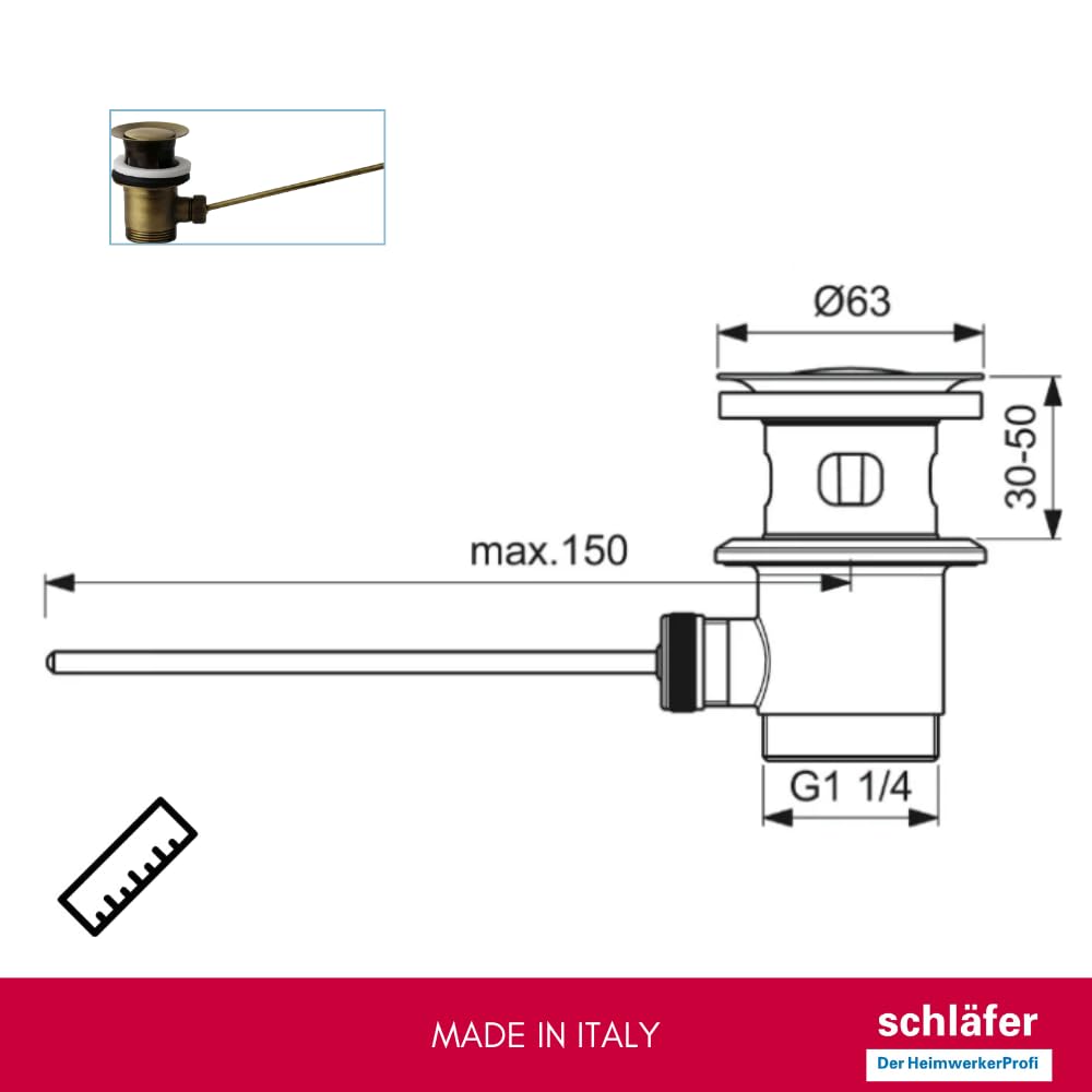 Schläfer 40510210 | Piletta Universale con Tappo Saltarello in Metallo Pesante per Scarico Lavabo Bagno e Bidet 1"1/4 con Troppopieno. Finitura Bronzo Antico, Vecchio Ottone
