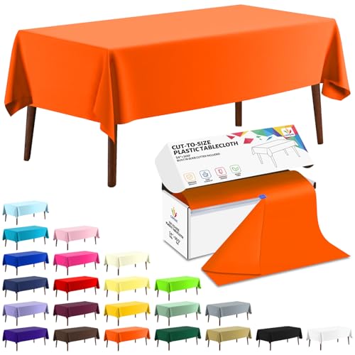 CXPSINC 54 Inch X 300 Feet Plastic Table Cover Roll Disposable Tablecloth with Slide Cutter for All Type/Shape Tables | Party, Banquet, Birthdays, Weddings(Orange, 300 Feet