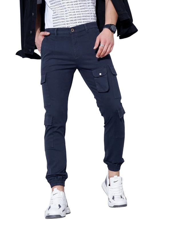 Image of British Club 98% Cotton, 2% Elastane Slim Fit Cargo Jogger Pants | Flat-Front Design | Adjustable Waistband | Multiple Pockets | Lightweight Fabric | Modern Style | Comfortable | Durable Black