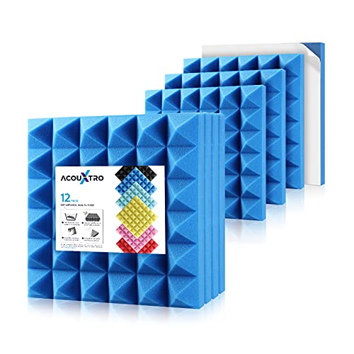Sound Proof Foam Panels, 12x12x2 inches Acoustic Foam Panels 12 Pack with Adhesives, Sound Absorbing Paddding for Music Studio Wall, Pyramid Sound Dampening Treatment, 2" Thick Soundproof Foam, Blue