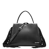 Calvin Klein Mica Triple Compartment Satchel, Black/Silver Fringe, One Size