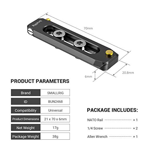 Image of SMALLRIG Universal Low-Profile Quick Release NATO Rail Safety Rail 70mm /2.8inches Long with 1 /4'' Screws for NATO Handle Camera Cage EVF Mount - BUN2483
