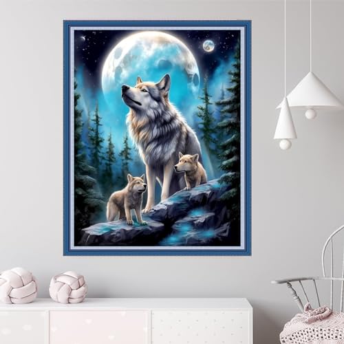 Image of Dooxvey Cross Stitch Kits for Adults Beginners,Full Range of Cross-Stitch Stamped Kits Needlepoint Kits for Beginners Embroidery Kits 11CT Cross Stitch Patterns-Moon Wolf 16x20 inch
