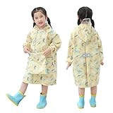 [Formemory] レインコート キッズ ポンチョ レインスーツ 子供 女の子 男の子 カッパ子供 通気速乾 ゴム付きの袖 超軽量 子供雨合羽 カッパ ランドセル対応 雨具 遠足 透明窓付き 防風 防水ハイネック 通学 携帯ポーチ付き 雨具 4色 (イエロー恐竜, M)