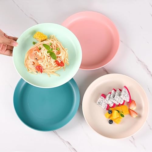 Image of Wheat Straw & Bamboo Fiber Plates Set, Lightweight Unbreakable Dinner Plates, Microwave and Dishwasher Safe, Plates Easy to Clean & Reusable (9 Inches, Random, Set of 4)