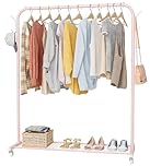 HOMIDEC Clothes Rail, Portable Clothes Rack with Hook and Metal Storage Shelf, Heavy Duty Clothes Rail on Wheels, Clothes Rails for Bedroom, Hanging Rails for Clothes, Holds up to 40 kg, Pink