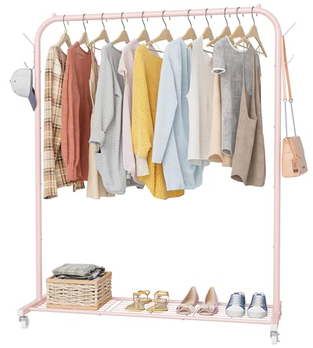 HOMIDEC Clothes Rail, Portable Clothes Rack with Hook and Metal Storage Shelf, Heavy Duty Clothes Rail on Wheels, Clothes Rails for Bedroom, Hanging Rails for Clothes, Holds up to 40 kg, Pink