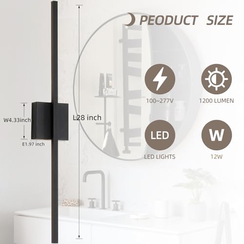 Image of Wall Sconces Set of Two, 28 Inch Dimmable LED Wall Sconce Modern Black Sconces Set of 2 for Bathroom, Living Room, Bedroom, Hardwired 3000K (2 Pack)