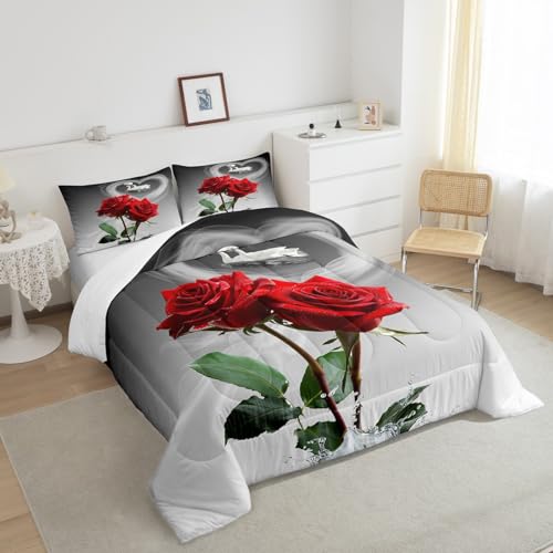 Image of Feelyou Red Rose Bedding Set Swans Couple Comforter Romantic Rose Floral Comforter Set for Men Women Lover Valentine's Day Down Alternative Comforter for All Season Ultra Soft Room Decor Full Size