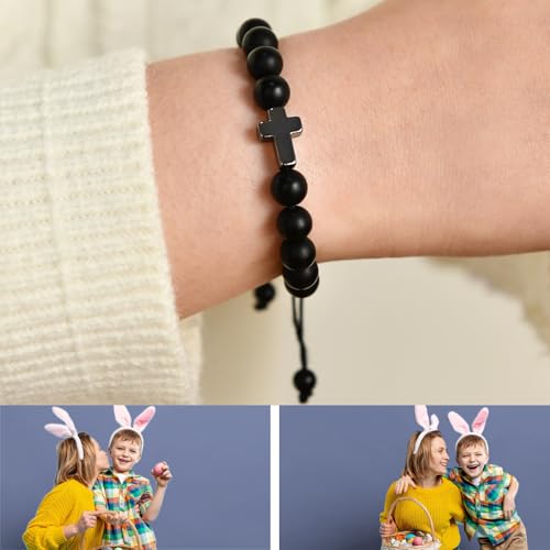 Image of Lamyba Easter Gifts for Kids /Teens /Girls, Christian Natural Stone Beaded Bracelets, Easter Basket Stuffers Essentials, Adjustable Cross Bracelets, Blue /Black