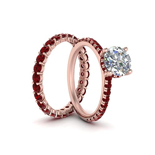Image of Choose Your Gemstone Hidden Halo Diamond CZ Ring with Gemstone Band Rose Gold Plated Round Shape Wedding Ring Sets Minimal Modern Design Birthday Gift Wedding Gift US Size 4 to 12