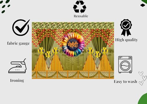 Image of DARSHANAM WORLD Wedding Decorative Cloth for Haldi & Mehndi Ceremony, Photoshoot, Haldi Background Enhancer for Mehndi Ceremony (8x5 ft, 3D Printed Backdrop with Floral & Logo Design) (Yellow & Pink)