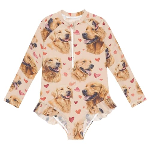 Golden Hair Love Pattern Girls Long Sleeve Swimsuit Rash Guard One Piece Bathing Suits Zipper 3-12T