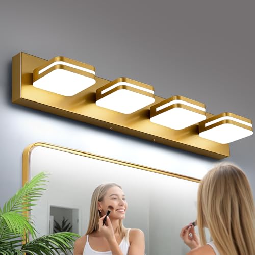 Image of Torondo 360 Rotate LED Bathroom Vanity Light Fixtures, Acrylic Vanity Lights for Bathroom, Modern Wall Lighting Fixtures Over Mirror Living, Gold, Natural White, 4-Light, 27-Inch