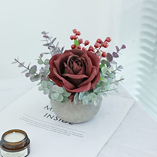 Rosscer Artificial Flowers Kit With Pot, Combination Of Fake Silk Burgundy Red Roses And Greenery,Small Plant Potted Decor For Offices,Bookshelf,Bedroom, Living Room,Party,Wedding Decorations… #TOP3