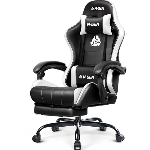 NEO CHAIR Video Gaming Chair with Footrest High Back Ergonomic Comfortable Office Computer Desk with Lumbar Support Height Adjustable with PU Leather Recliner for Adults Women Men (White)