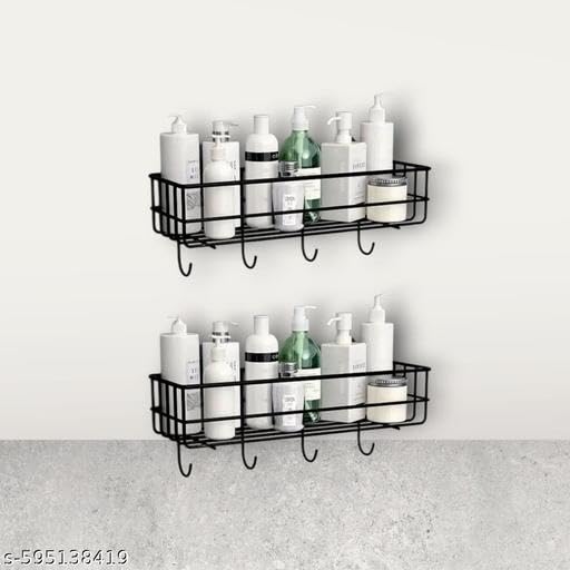 (Pack of 2) Steel Self-Adhesive Multipurpose Bathroom Shelf with Hooks/Towel Holder/Rack/Bathroom Accessories - Wall Mount - Pack of 2 (Black,Powder Coated)|BHR-P2423 1