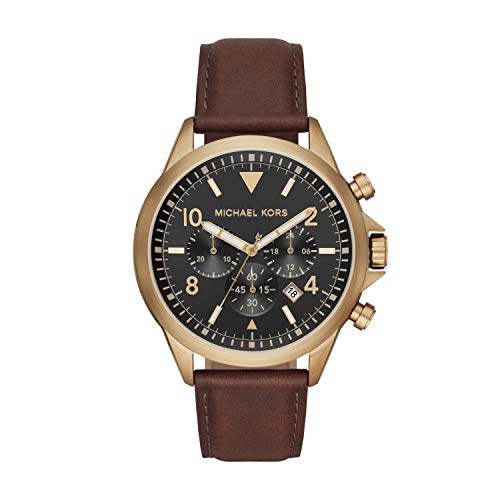 Michael Kors Men's Stainless Steel Quartz Watch with Leather Strap, Brown, 22