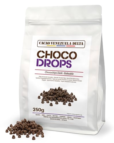 Cacao V Delta Pepitas de Chocolate Negro 250g Para Repostería - Chips de Chocolate para Hornear y Topping - 46% de Cacao No GMO, Sin Gluten, Premium, Puro, Natural