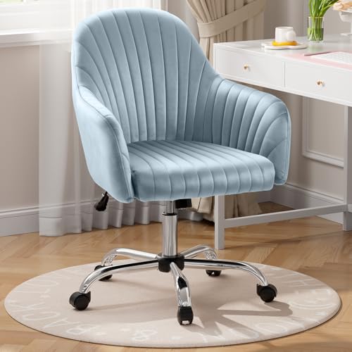 Warmiehomy Velvet Desk Chair for Home Office, Modern Adjustable Swivel Task Chair, Women Vanity Chairs with Arm Rest for Bedroom Dressing Room, Light Blue