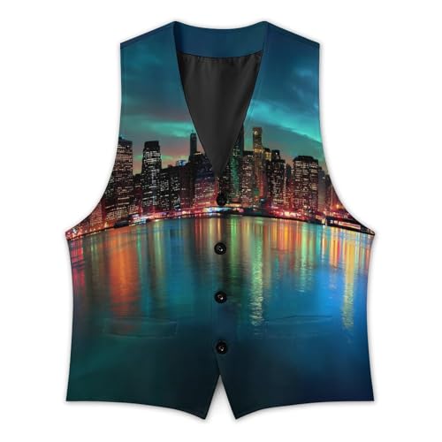New York City Manhattan Skyline at Night Men's Suit Vest Slim Fit Business Dress Party Pattern Waistcoat Vest Top3