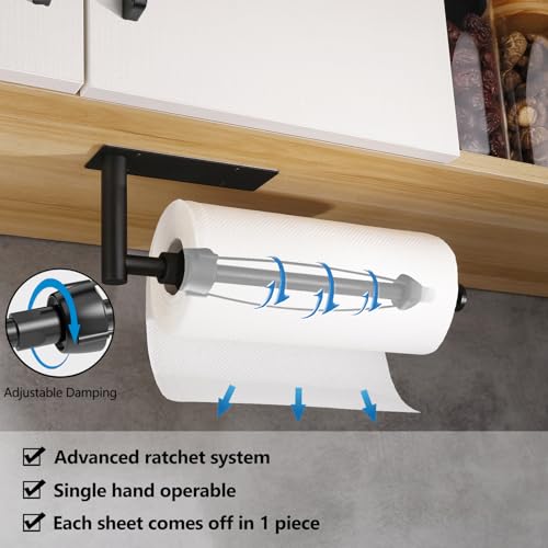 Image of Black Paper Towel Holder Under Cabinet, Single Hand Operable Wall Mount Paper Towel Roll Holder with Damping Effect, Self-Adhesive or Drilled for Kitchen Bathroom, SUS304 Stainless Steel
