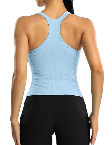 ATTRACO Women Seamless Workout Tank with Built-in Activewear Vest Tops Bra Baby Blue XS
