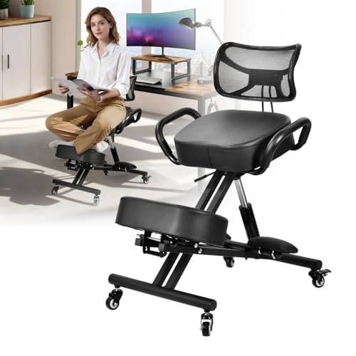 Image of Ergonomic Kneeling Chair, Height Adjustable Stool for Home and Office, PU Kneeling Chair for Desk to Relieve Back Discomfort, Thick Moulded Foam Cushions Brake Casters