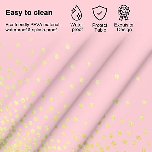 Image of Mulbozy 2 Pcs Pink Tablecloth 54 inchx108 inch Gold Dot Pink Table Cloth, Pink Disposable Plastic Tablecover for Birthday, Baby Shower, Picnic, Camping, Event & Parties
