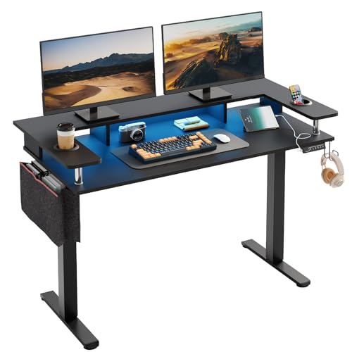 Bestier LED Electric Standing Desk Adjustable Height, 58x26 Inch Large Sit Stand Desk with Monitor Stand, Ergonomic Rising Office Workstation, Headphone Hook & Storage Bag Black Carbon Fiber