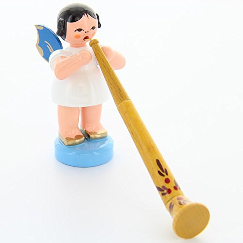 Uhlig Engel stehend mit Alphorn Blaue Flügel handbemalt