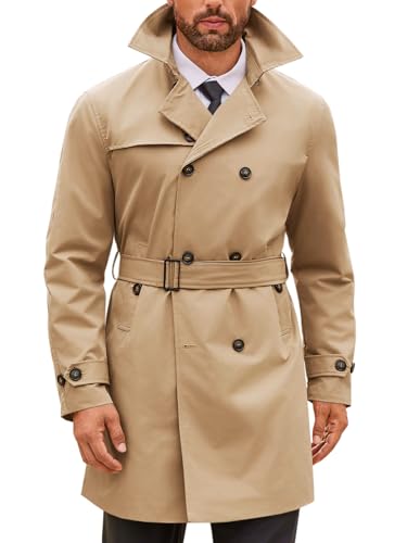 Runcati Mens Double Breasted Trench Coat Notched Lapel Windbreaker Jackets Causal Overcoat With Belt