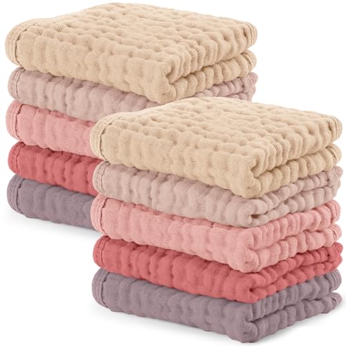 Image of Comfy Cubs Muslin Baby Washcloths 10 Pack - Soft 6-Layer Cotton Wash Cloths for Sensitive Skin - 10"x10" Large, Gentle, Absorbent Infant Essentials for Newborn and Toddlers - Multi Girl