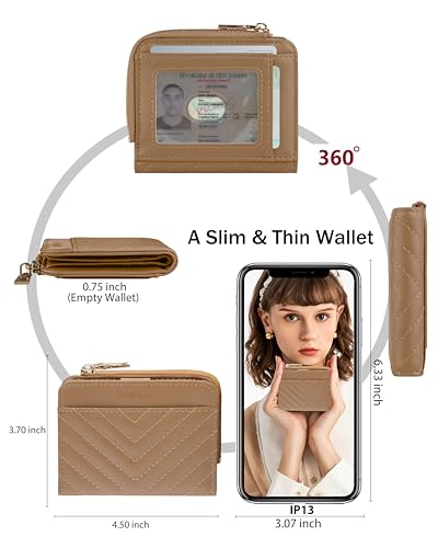 Image of Small Bifold Wallet Women Slim Card Holder with Zipper Coin Pocket & 2 ID Windows,Compact Gift Wallet (Khaki)