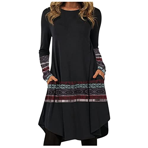 Vestido De Noche para Mujer Manga Larga Cuello Redondo Vintage Estampados Bohemio Estilo Etnica Elegantes Casual Otoño Invierno Vestidos Largo Vestidos Playa Vestidos Camiseros(C Negro,4XL)
