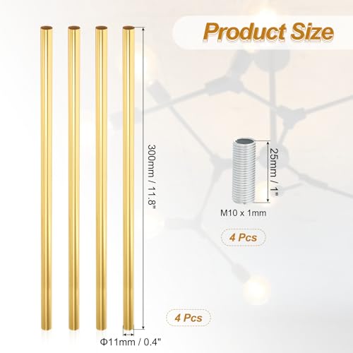 Image of PATIKIL Threaded Extension Rod, 4 Sets 12 inch M10 x 1mm Fine Thread Lamp Pipe with Lamp Pipe Nipples for Pendant Light Island Lighting Chandeliers Stems, Gold Tone
