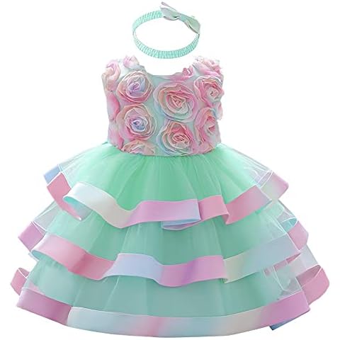 HOIZOSG Baby Girls Rainbow Flower Tulle Dress Pageant Baptism Wedding Birthday Party Christening Tutu Gown w/Headwear Turquoise 2-3T Cover