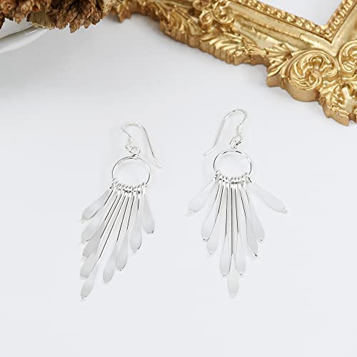 AeraVida Shimmering Fan Statement Sterling Silver Dangle Boho Earrings, 0.79x2.28 in2