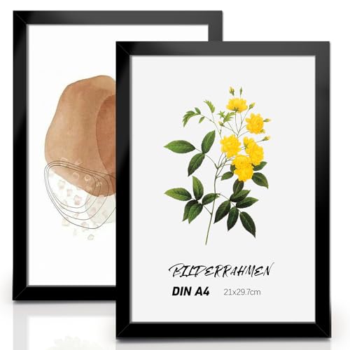 2 Marcos de Fotos DIN A4, Marco de Fotos A4 Negro, 21 x 29,7 cm, Plexiglás Irrompible, Marco de Fotos Negro, Material PVC, Adecuado para Fotos, Pósteres, Dibujos Infantiles, Obras de Arte