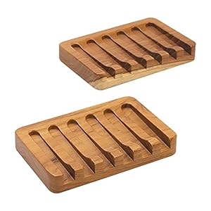 2PCS Self Draining Soap Dishes by HTB, Teak Wood Soap Holder, Soap Saver for Shower, Bathroom, Bath Tub, Kitchen Sponges, Easy Dry Extend Soap Life