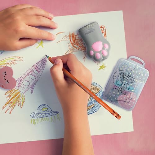 Image of Legami Meow Pencil Sharpener with Holder | 4.5 x 7 cm | Double Hole for Standard and Jumbo Pencils | Lockable Lid | Chip Tank | Built-in Mirror