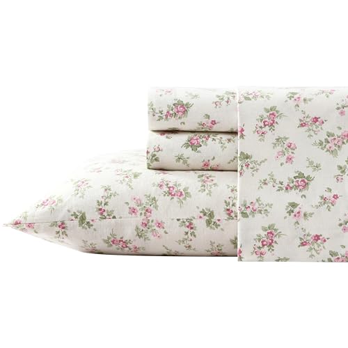 Laura Ashley - Flannel Sheets Full Size, Anti-Pilling & Wrinkle Resistant Cotton, Touchably Soft for All-Season Comfort - Bed Sheets with Matching Pillowcases & Fitted Sheet (Audrey Pink)