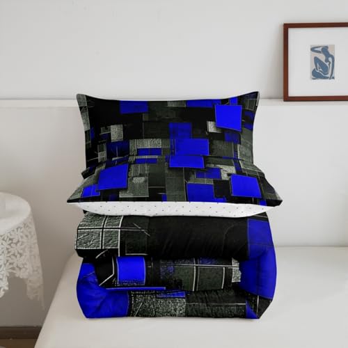 Image of Feelyou Kids Blue Black Comforter Set King Size, Geometric Grid Bedding Set Geometrics Comforter for Boys Girls Abstract Art Duvet Insert with 2 Pillow Case