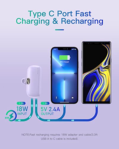Kuulaa Fast Charging 5000mAh Portable Charger for iPhone 14/13/12, Compact Lightning Cable, Purple  
Kuulaa Mini 5000mAh