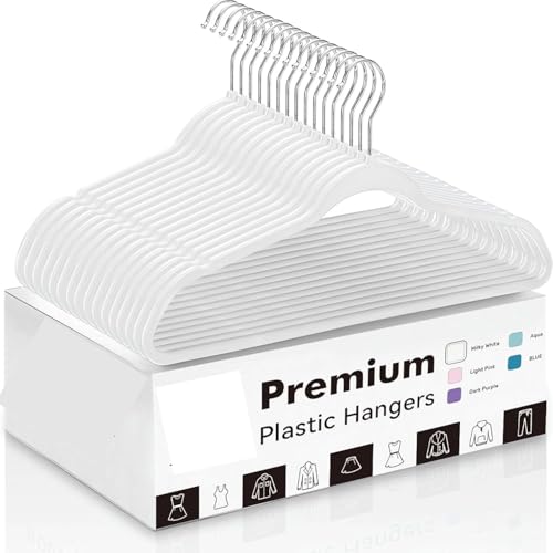 Image of Slim Plastic Hangers for Clothes - Heavy Duty Non-Velvet Hangers with 360 Swivel Chrome Hook & Non Slip Notches - Ideal for Dresses Coats Shirts Jackets & More (White, 30)