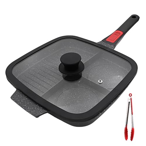 Image of Bobikuke 3 Section Grill Pan for Stove Tops with Detachable Handle, Nonstick Versatile Griddle Pan with Lid, Square Skillet PFOA Free, Black