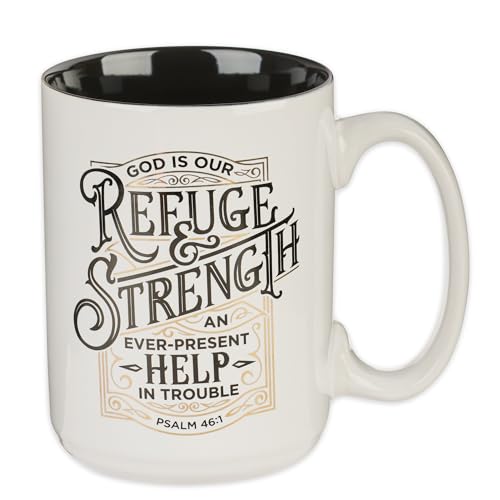 Christian Art Gifts Large Ceramic Men's & Women's Coffee & Tea Mug w/Encouraging Scripture: Refuge & Strength - Psalm 46:1 Inspirational Bible Verse w/Gold Accents, BPA & Lead-free, White/Black 14 oz.