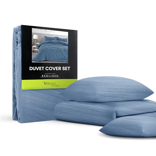 Velosso Washed Linen Brushed MicroFibre Denim Blue Duvet Cover Bedding Set Soft Plain Dye Bedding Quilt Cover Set, with Pillow case (Denim Blue, Double)