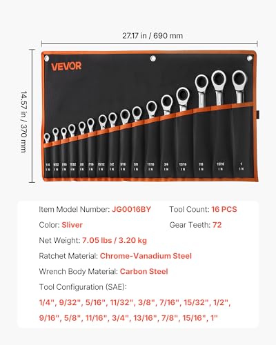 Image of VEVOR Combination Wrench Set, 16-Piece SAE Sizes, 72 Teeth, Cr-V Steel Ratcheting Wrench Set, with Roll Up Pouch, Open End, Clear Size Labels, for General Household and Automotive Repairs, Silver