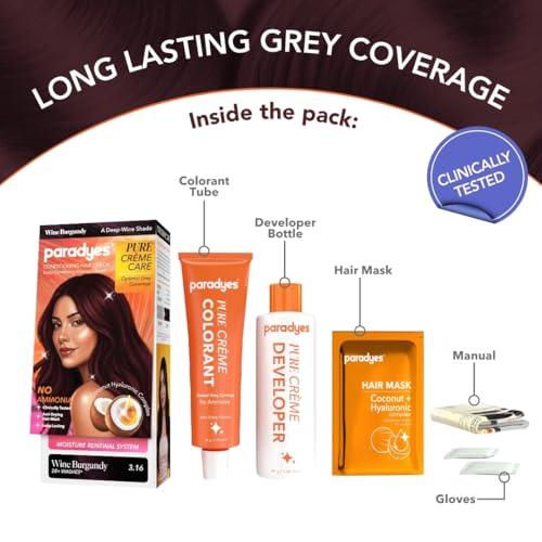 Image of Paradyes Pure Creme Care No Ammonia Hair Color Wine Burgundy 3.16 | Long-Lasting Creme Formula | Grey Coverage | Coconut Milk + Almond Oil + Hyaluronic Complex | Smooth & Shiny Finish | 60g+10 ml